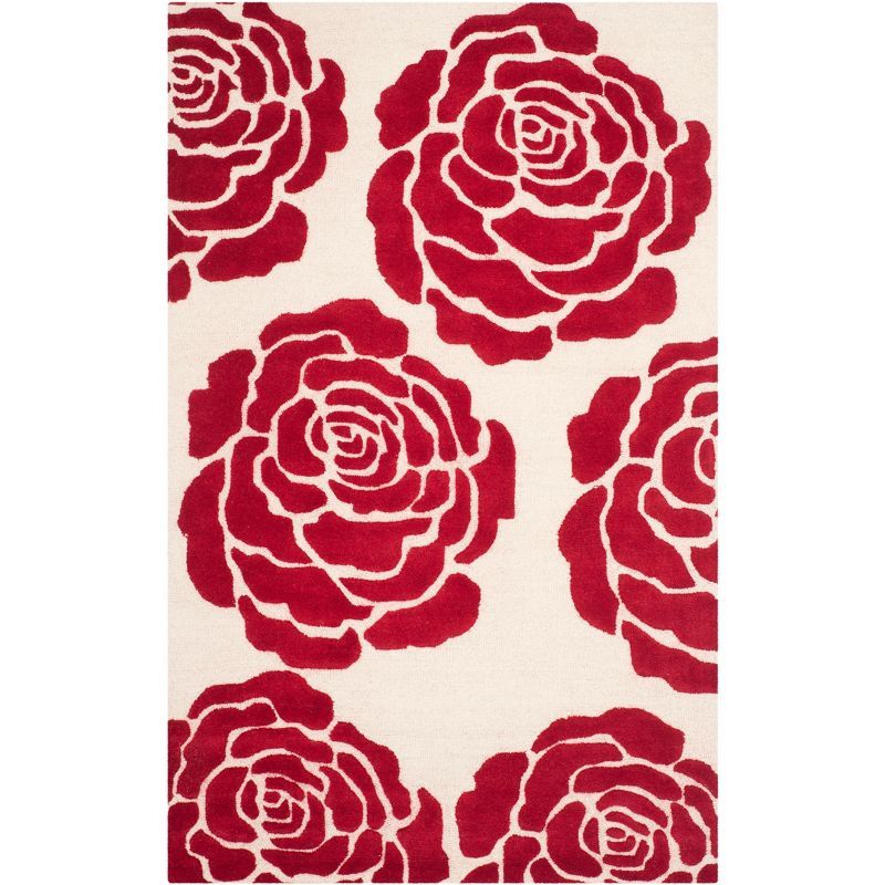 Ivory and Red Floral Hand-Tufted Wool Area Rug 5' x 8'