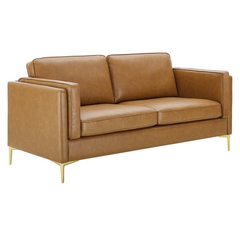 Kaiya Tan Faux Leather Sofa with Gold Metal Legs