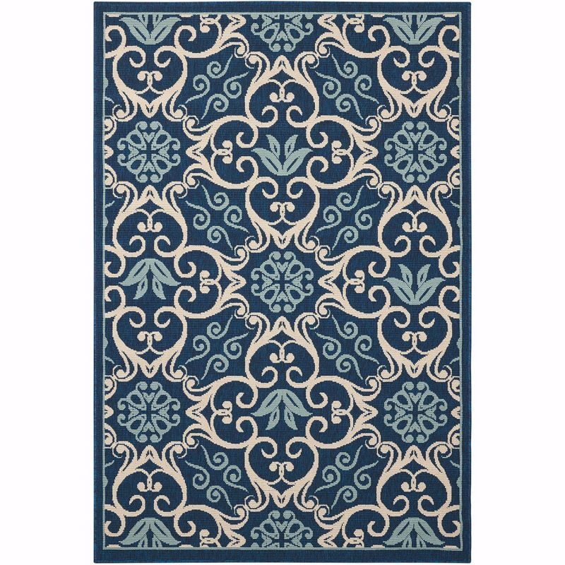 Navy Floral Synthetic Rectangular 4' x 6' Area Rug