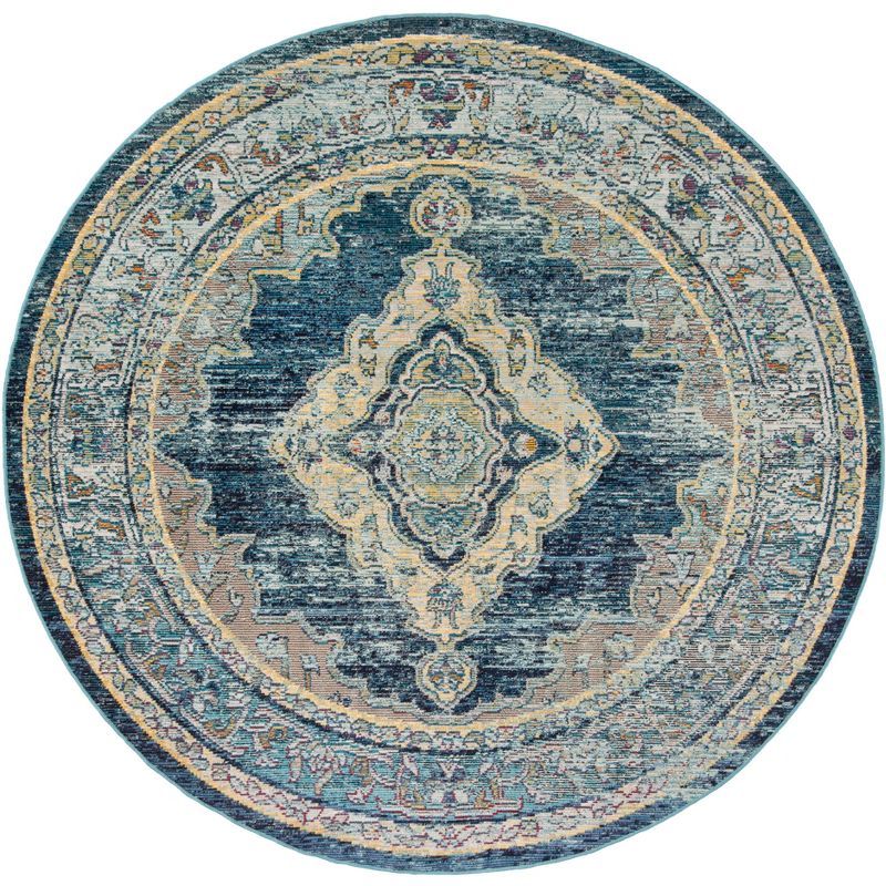 Blue Tufted Round Washable Synthetic Area Rug