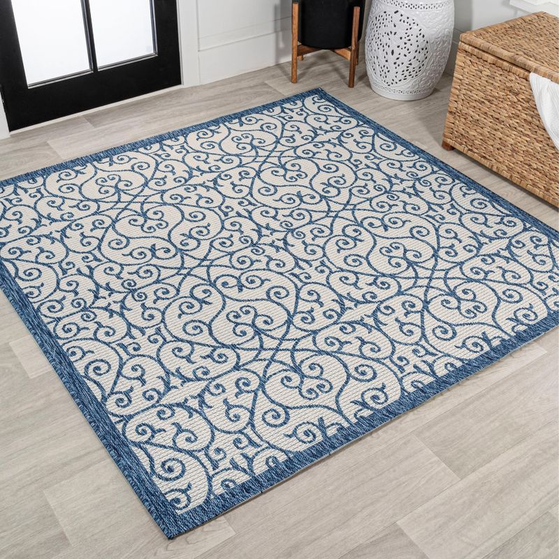 Madrid Blue and Cream Filigree Square Indoor/Outdoor Rug