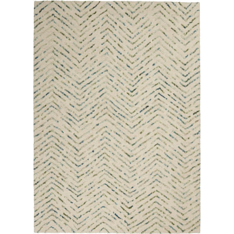 Artisanal Chevron Ivory & Green Hand-Tufted Wool Rug 5' x 7'