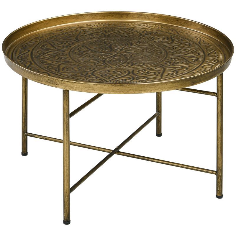 Gold Hammered Metal Round Coffee Table with Floral Pattern, 24"