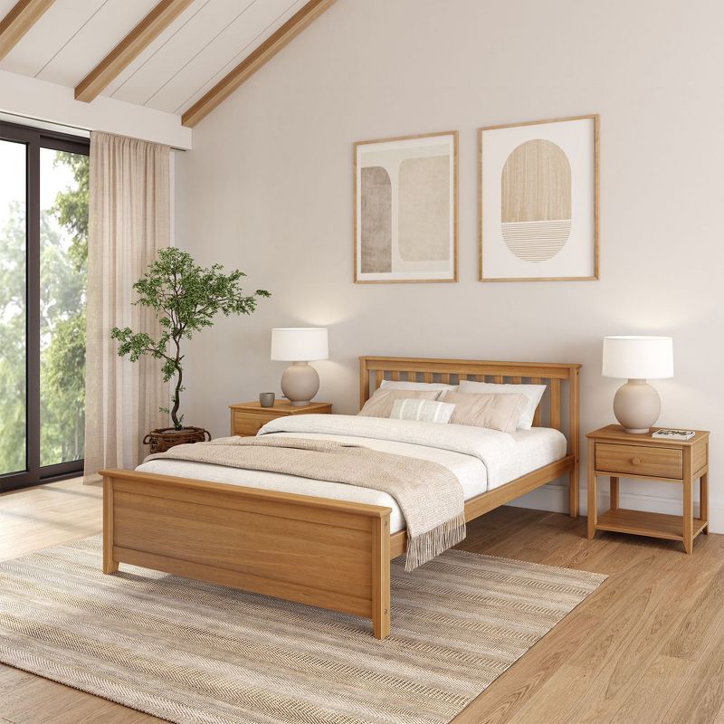 Pecan Pine Wood Queen Bed Frame with Slatted Headboard and Drawers