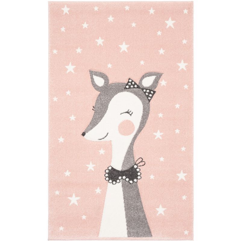 Pink and Ivory Synthetic Kids Rug with Deer Design, 2'3" x 4'