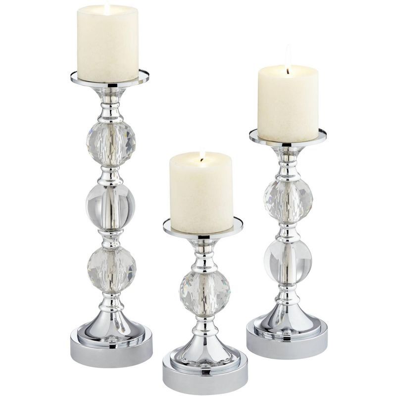 Elegant Chrome and Crystal 3-Piece Pillar Candle Holder Set