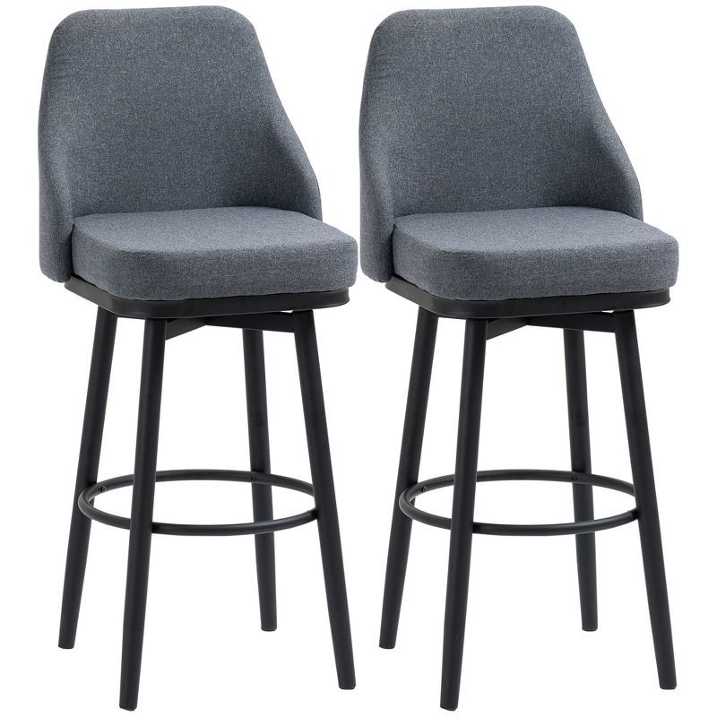 Gray Upholstered Swivel Bar Stools with Steel Legs, Set of 2