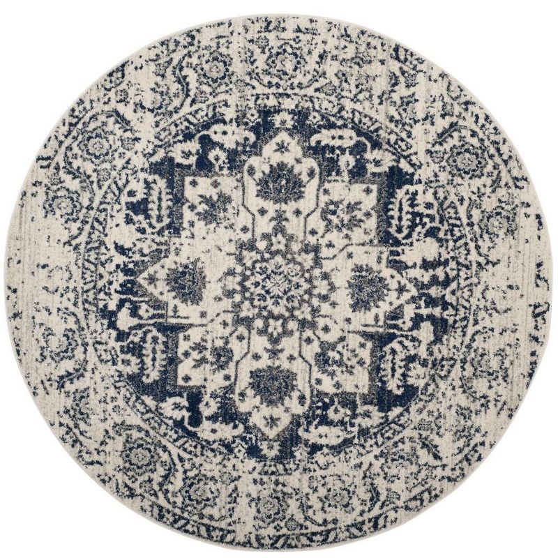 Ivory and Navy Round Floral Synthetic Area Rug