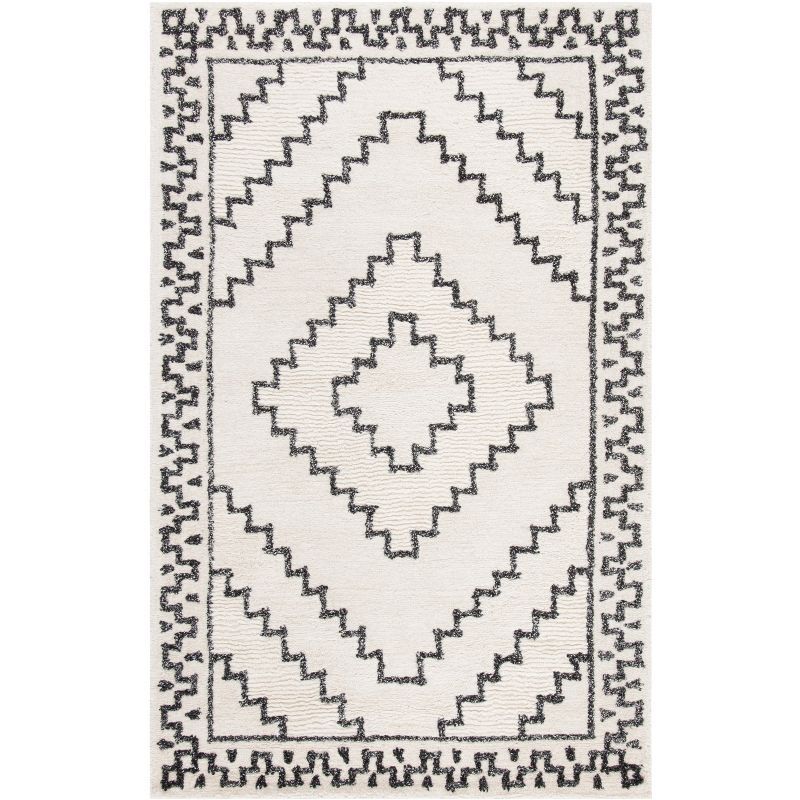 Luxurious Ivory & Black Hand-Tufted Wool Shag Rug - 5x8 Feet