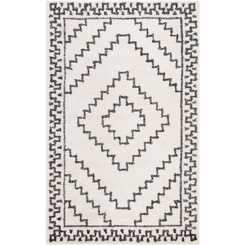 Luxurious Ivory & Black Hand-Tufted Wool Shag Rug - 5x8 Feet