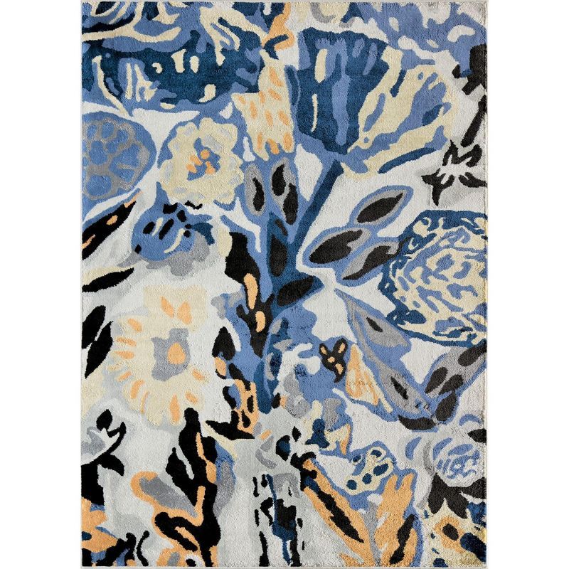 8' x 10' Black and Blue Floral Synthetic Area Rug