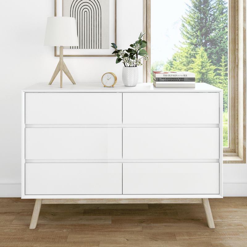 White Mid-Century Modern 6-Drawer Dresser with Blonde Wood Legs