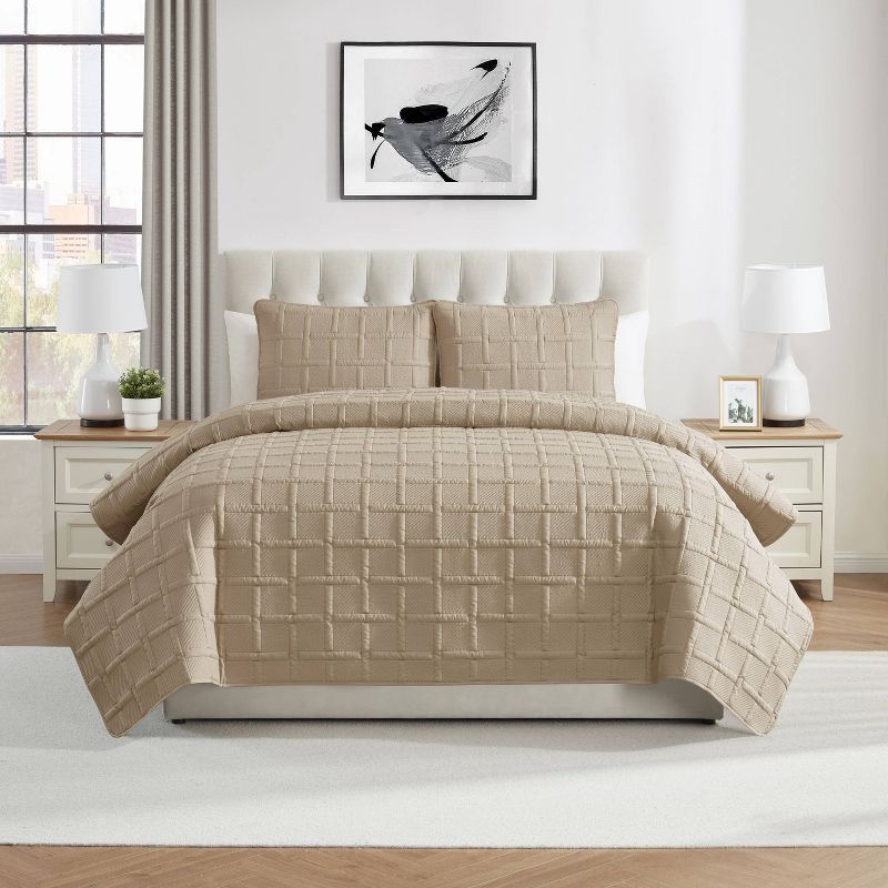 Taupe Full Microfiber Textured Grid Quilt Set