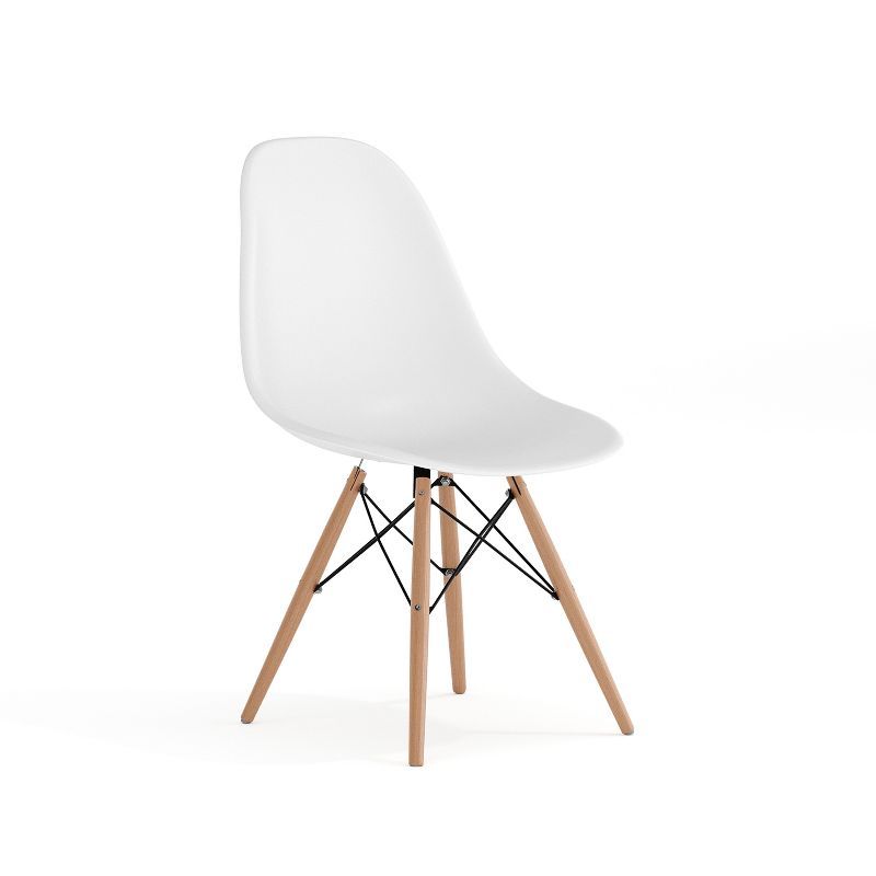 White Plastic Side Chair with Wooden Legs and Metal Bracing