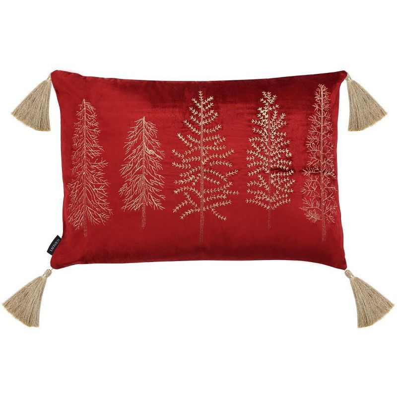 Red and Gold Embroidered Holiday Tree Pillow with Tassels