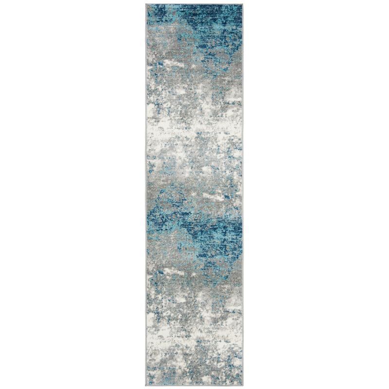 Gray and Blue Abstract Synthetic Runner Rug