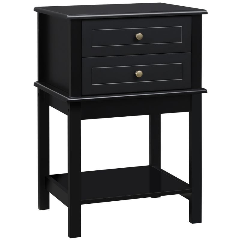 Modern Black Wood Side Table with Dual Storage Drawers and Shelf