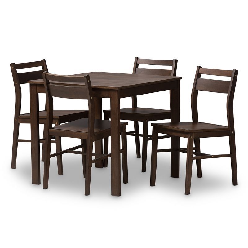 5-Piece Dark Brown Rubberwood Dining Set with Square Table