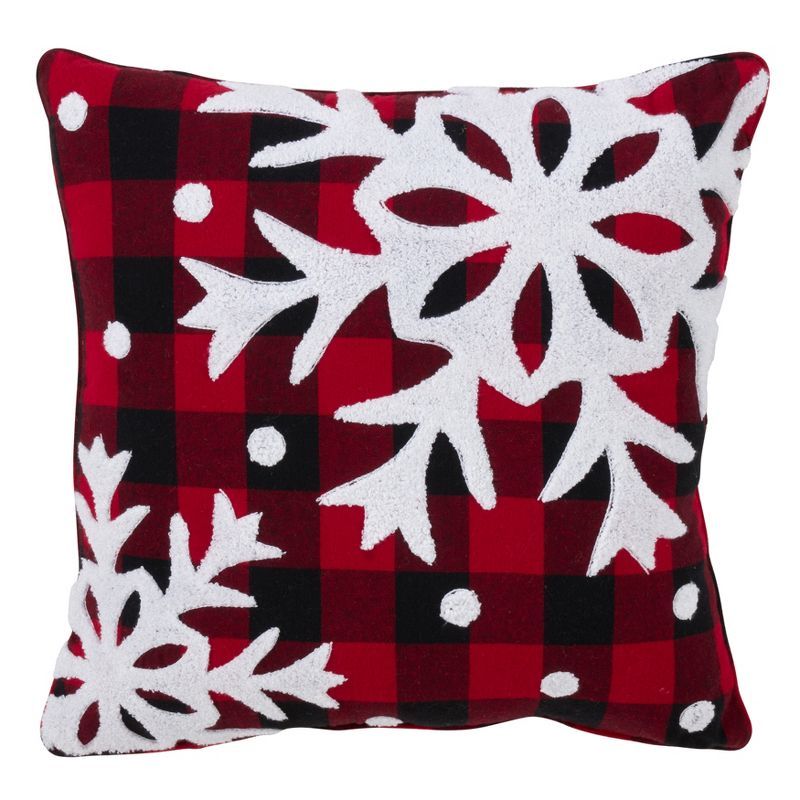 Red and Black Buffalo Plaid Snowflake Cotton Throw Pillow