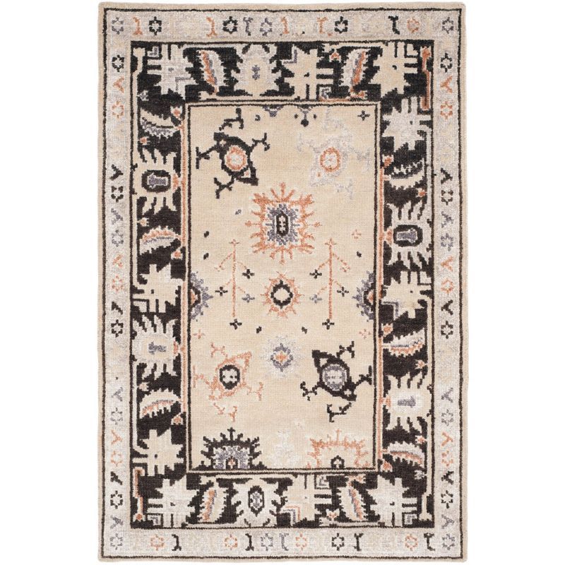 Hand-Knotted Beige and Charcoal Wool Area Rug, 4' x 6'