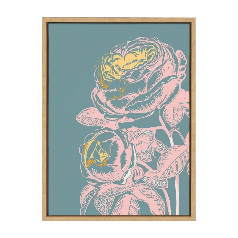 18" x 24" Teal and Pink Floral Canvas with Natural Frame