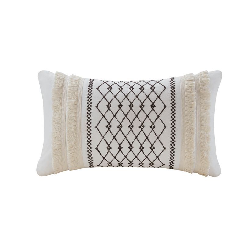 Ivory Embroidered Cotton Lumbar Pillow with Tassels