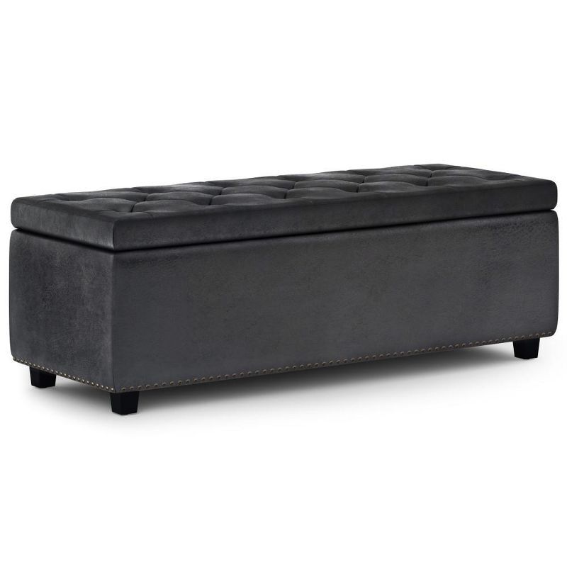 Hamilton Distressed Black Tufted Faux Leather Large Storage Ottoman