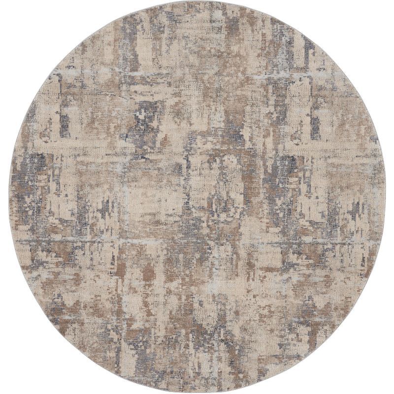 Abstract Beige-Grey Synthetics 5'3" Hand-Knotted Round Rug