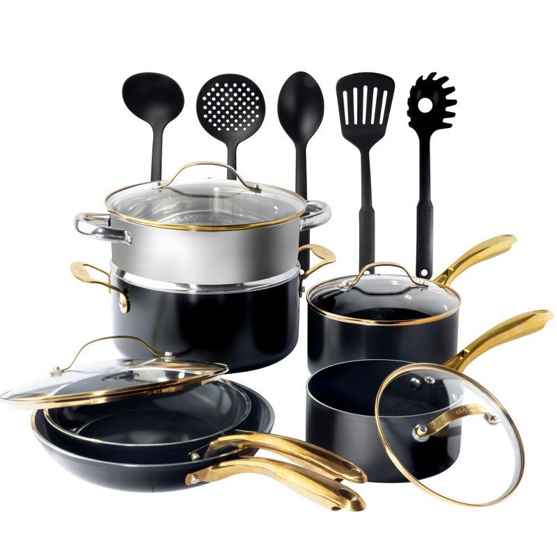 Black and Gold 15-Piece Nonstick Ceramic Cookware Set with Utensils