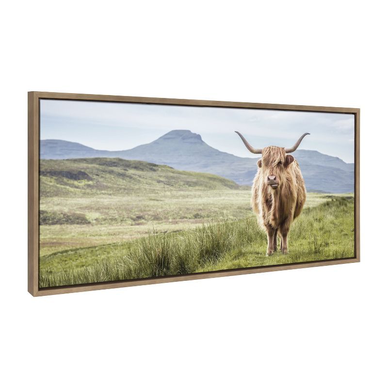 Highland Cow Mountain Landscape Gold Framed Canvas Art, 18x40