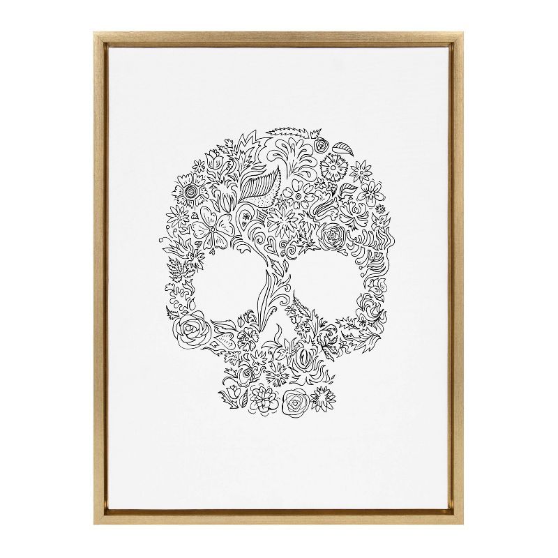 Gold Framed Skull Floral Print Canvas Wall Art, 18x24