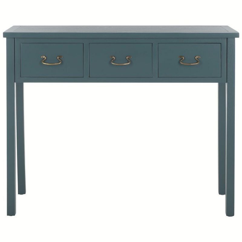 Transitional Slate Teal 3-Drawer Rectangular Console Table with Brass Hinges