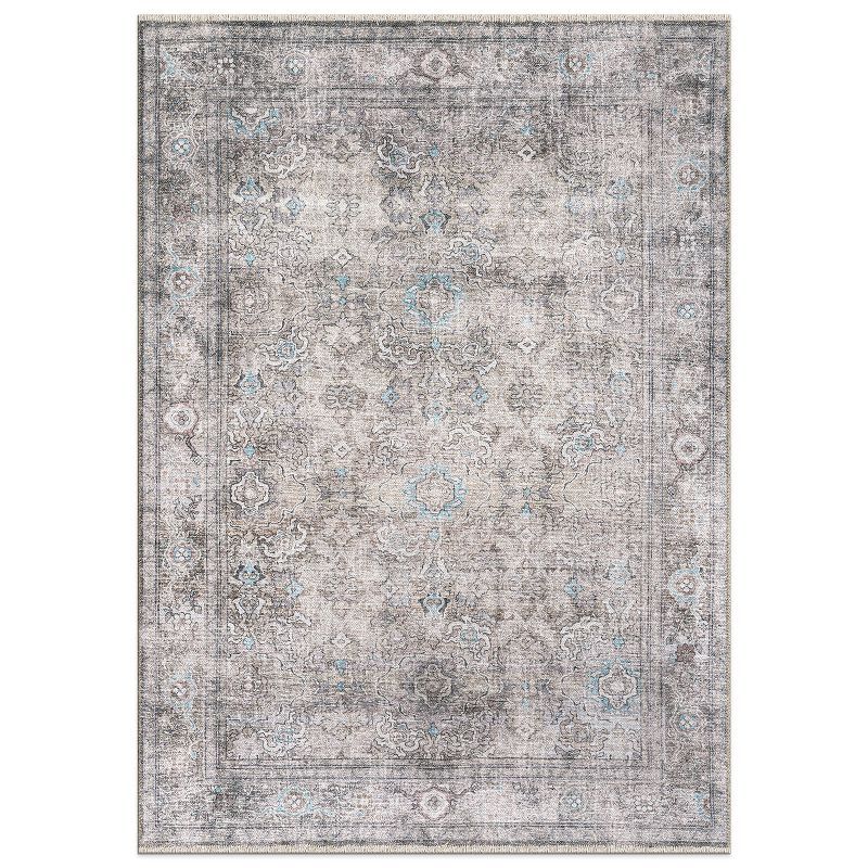 Olive and Gray Vintage Distressed Machine Washable Area Rug 5' x 7'