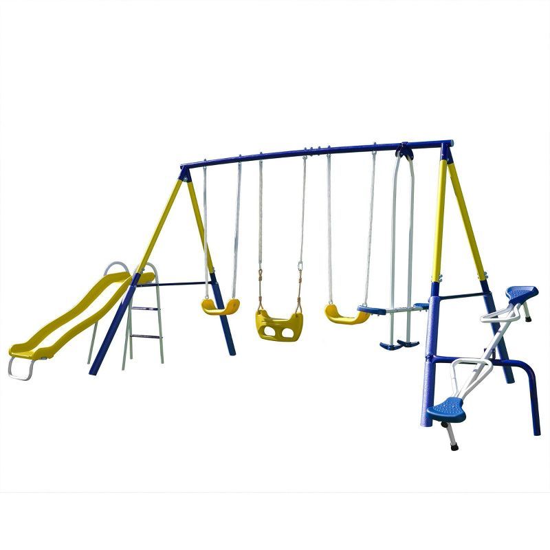 Blue and Yellow Metal Swing Set with Slide and Glider