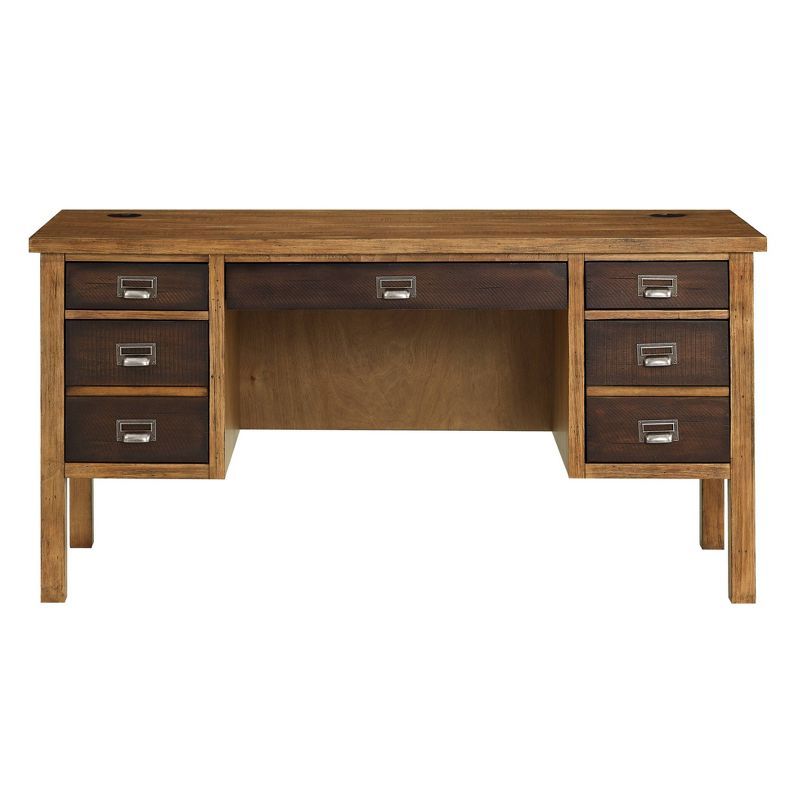 Heritage Half Pedestal Desk with Utility Drawers in Rustic Brown