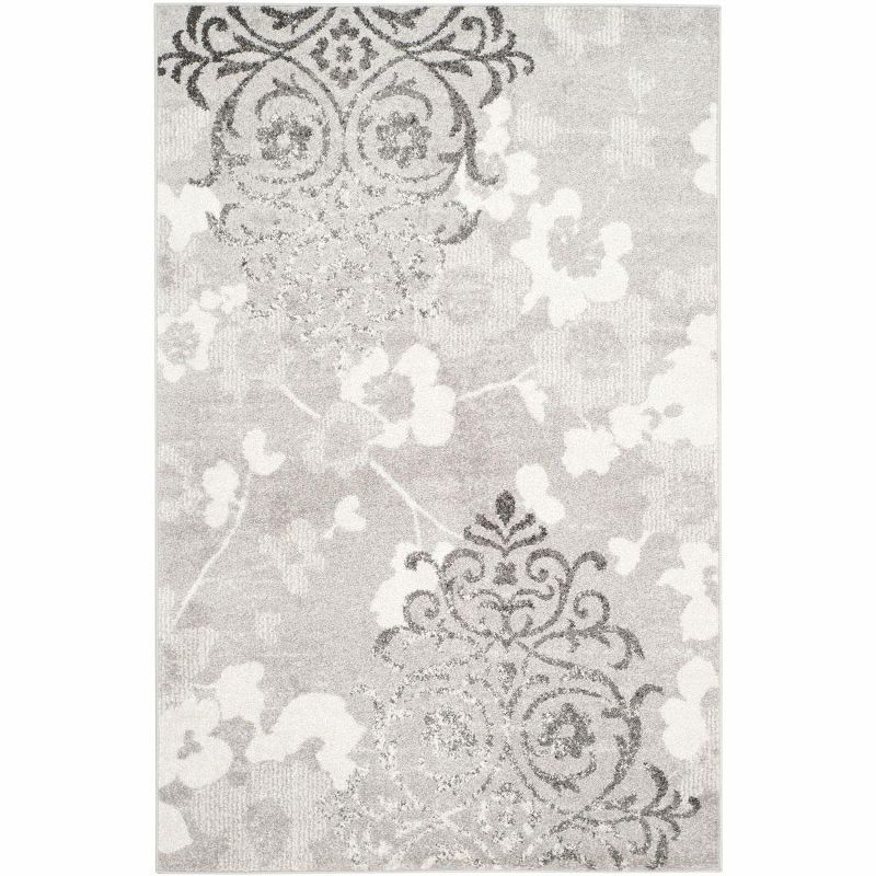 Silver and Ivory Floral Reversible 4' x 6' Synthetic Rug