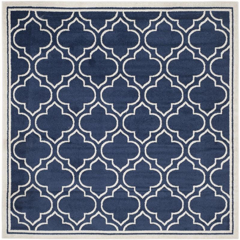 Ivory and Navy Hand-Knotted Square Area Rug, Easy Care 7' x 7'