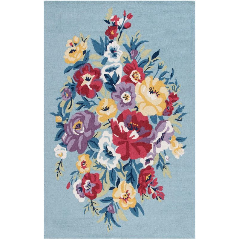 Chelsea 4' x 6' Blue and Rose Floral Wool Area Rug