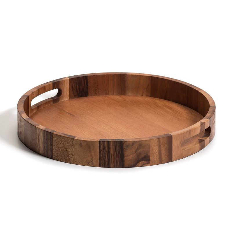 Acacia Wood 15 Inch Round Serving Tray with Handles