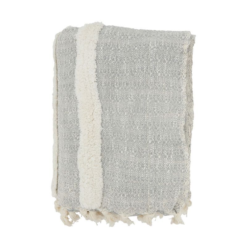 Gray Cotton Tufted Knit Fringed Throw Blanket, 50"x60"