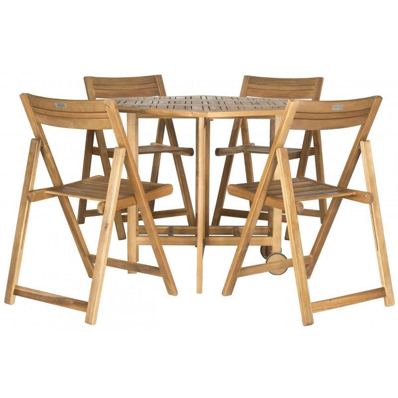 Natural Acacia Wood Round Patio Dining Set with Foldable Chairs