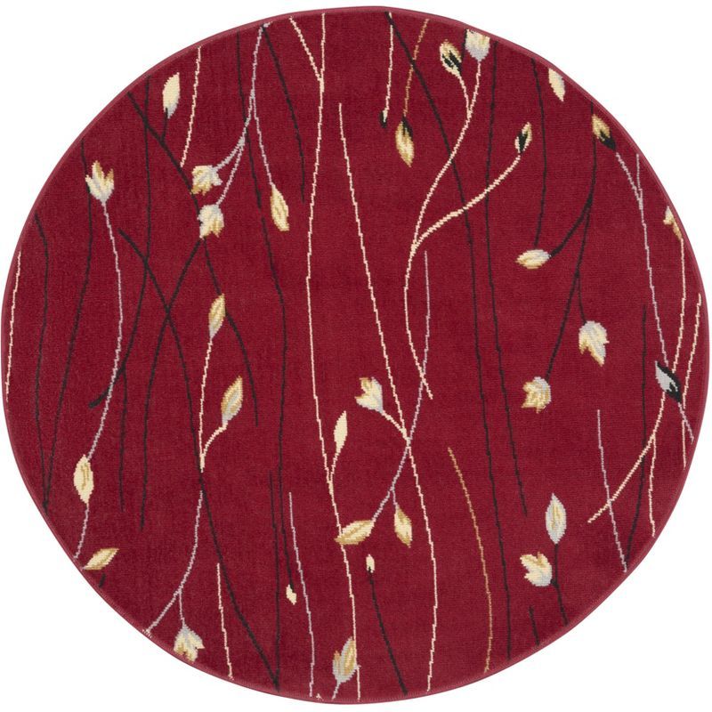 Red Round Floral Synthetic Easy Care Rug, 5'3"