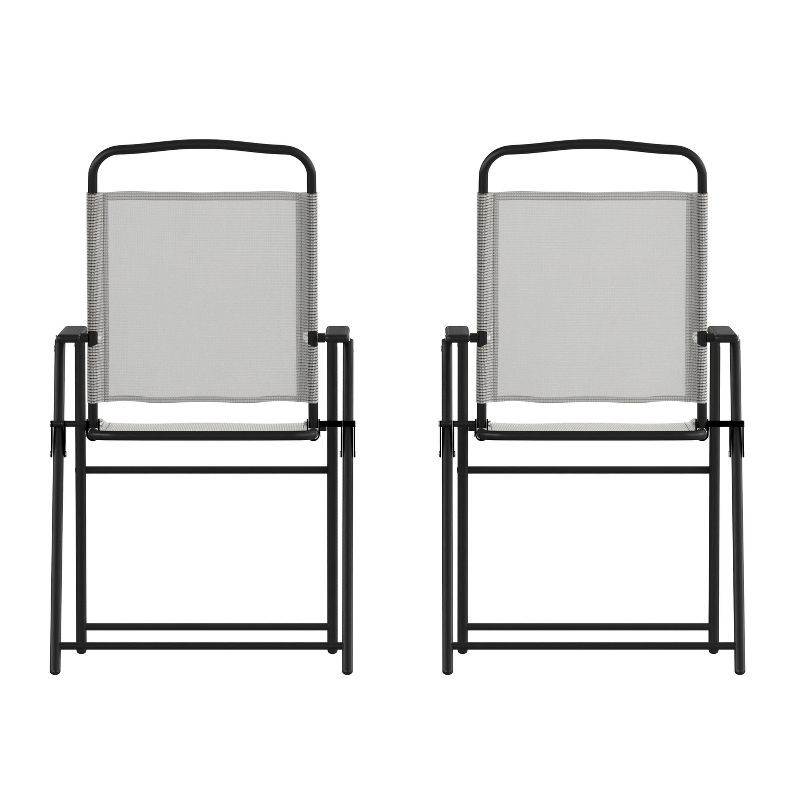 Set of 2 Gray Textilene Folding Patio Sling Chairs with Armrests