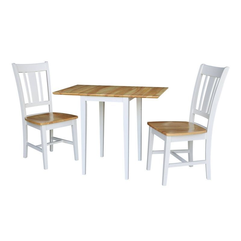 Elegant White/Natural Solid Parawood Dual Drop Leaf Table and 2 Chairs Set