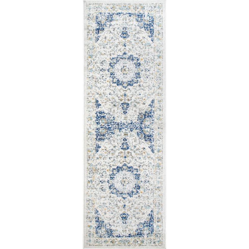 Blue and White Synthetic Reversible Runner Rug