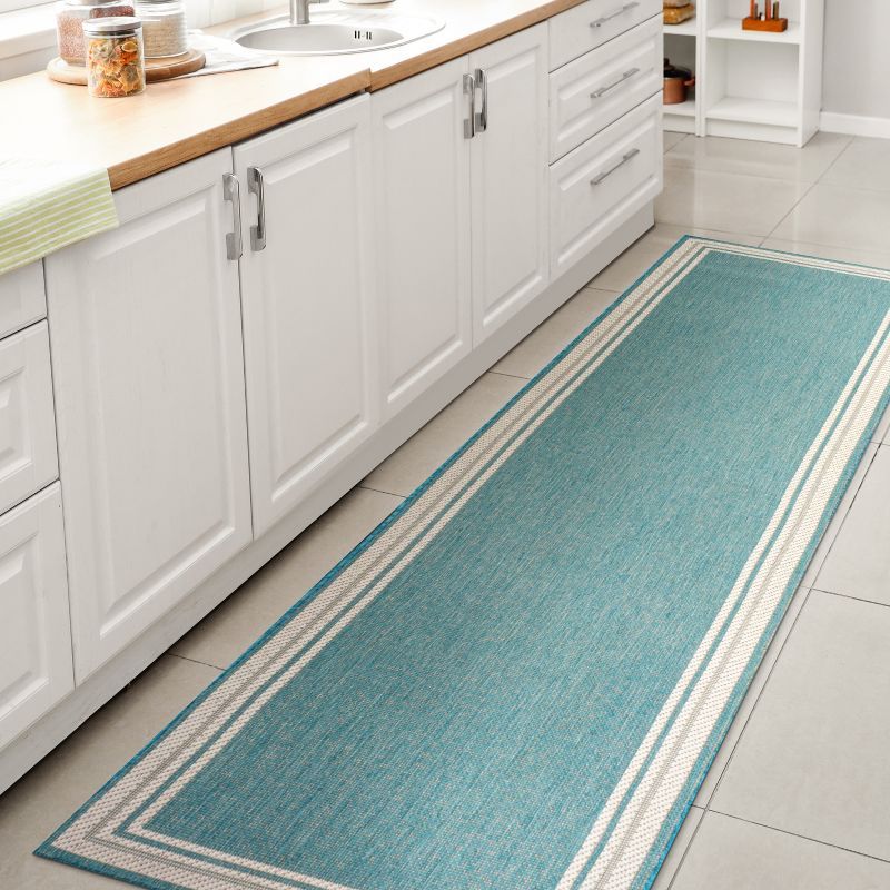 Aqua and Beige Stripe Synthetic Reversible Indoor/Outdoor Rug