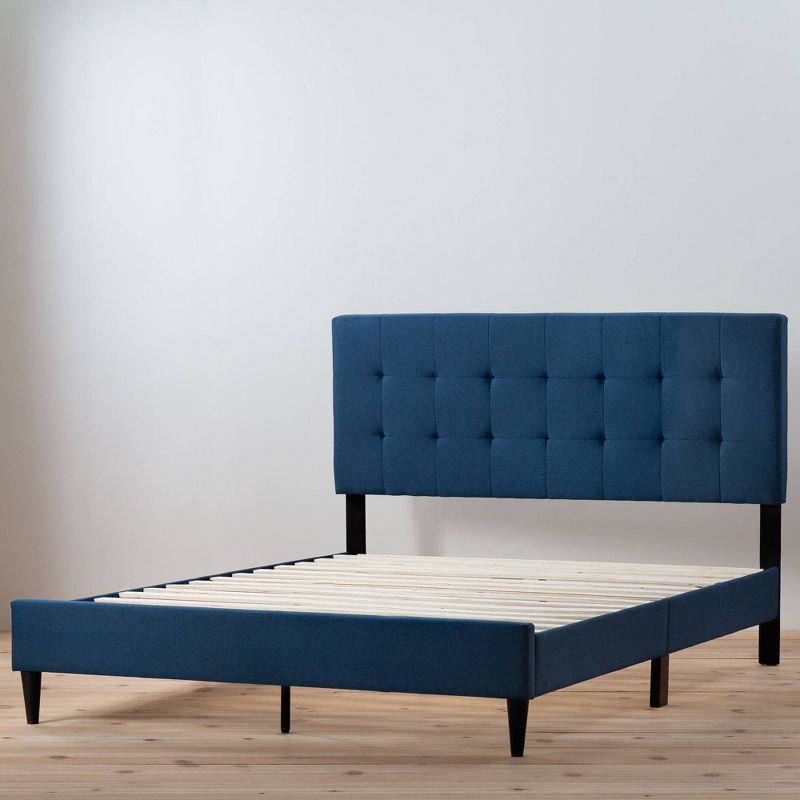 King-Sized Navy Linen-Tufted Upholstered Platform Bed with Wooden Slats