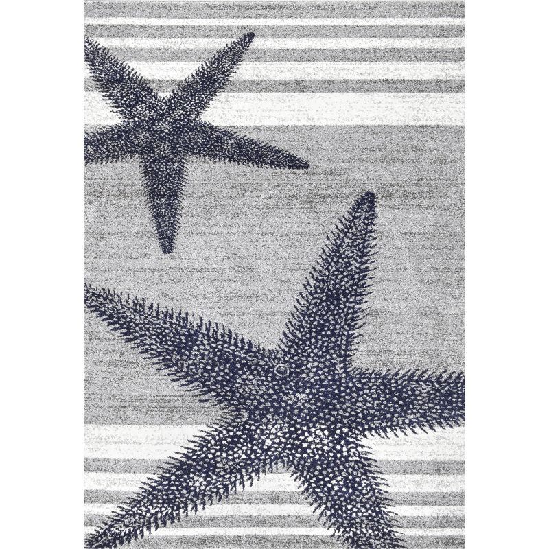 Coastal Charm Gray Stripe and Starfish 49" Wool-Blend Area Rug