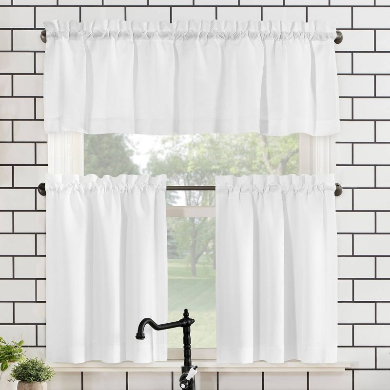 White Polyester Sheer Rod Pocket Kitchen Curtain Set