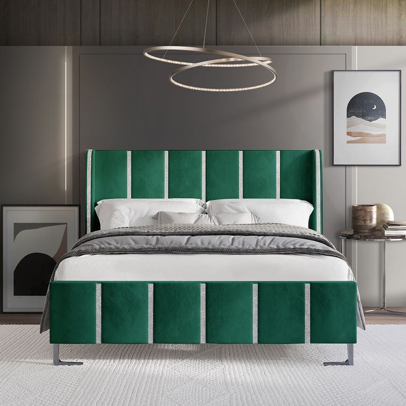 Luxurious Green Velvet Full Platform Bed with Crystal Accents